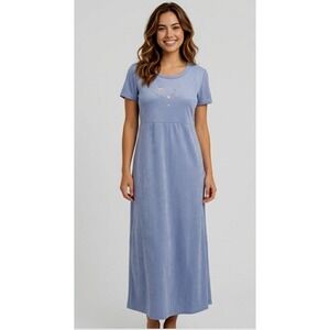 Vintage Teddi Dress Womens 6 Blue Sueded Floral Embroidered Maxi 90s Made in USA